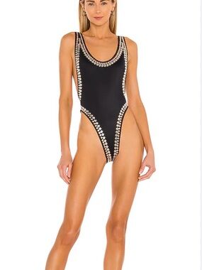 Norma Kamali Black Jeweled High-Cut One-Piece Swimsuit